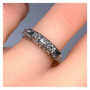 14KT ART DECO STYLE SOLID WHITE GOLD MID CENTURY MODERN 5 DIAMOND BAND RING